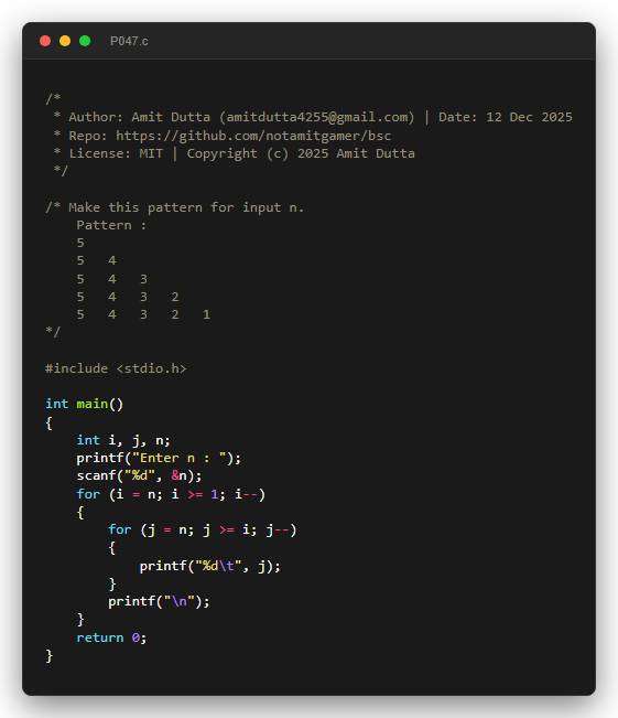 Make this pattern for input n. Pattern : 5 5   4 5   4   3 5   4   3   2 5   4   3   2   1